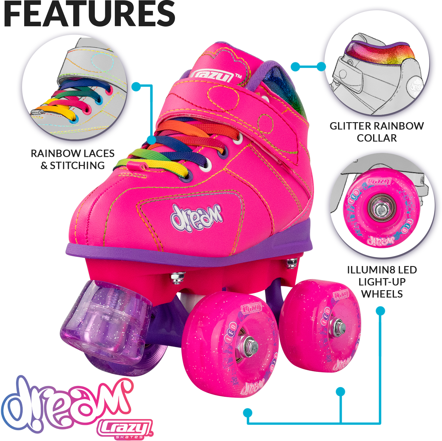 Available in Pink or Black LED Light-up Wheels Crazy Skates Dream Roller Skates for Girls and Boys